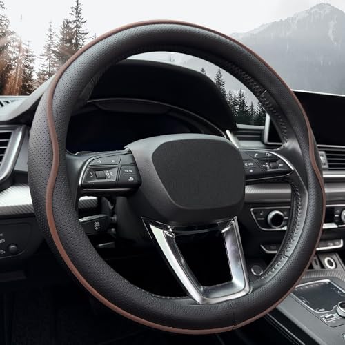 HAOTULE Leather Steering Wheel Cover， with Anti-Slip Stripe Design - Enhanced Grip, Fashion Style, Safe, Non-Slip, Breathable. Upgrade car Interior，Black Brown - Image 1