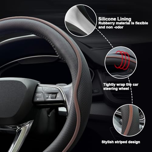 HAOTULE Leather Steering Wheel Cover， with Anti-Slip Stripe Design - Enhanced Grip, Fashion Style, Safe, Non-Slip, Breathable. Upgrade car Interior，Black Brown - Image 4