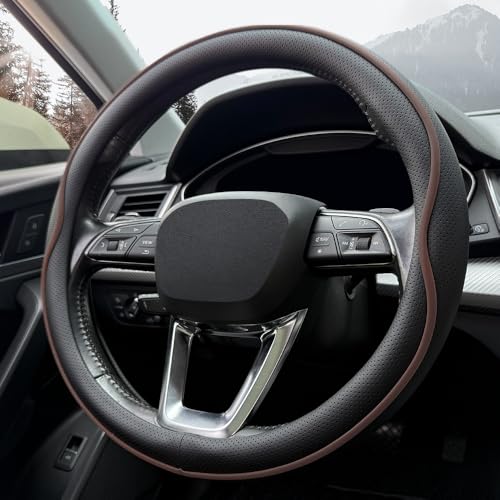 HAOTULE Leather Steering Wheel Cover， with Anti-Slip Stripe Design - Enhanced Grip, Fashion Style, Safe, Non-Slip, Breathable. Upgrade car Interior，Black Brown - Image 3