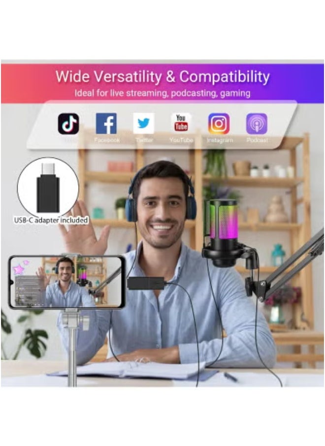 JAJEEK - USB PC Gaming Microphone with RGB Light – Premium Condenser Microphone Featuring Mute Button, Adjustable Volume Control, and 3.5mm Headphone Jack – Plug & Play Compatibility with Windows, Mac OS, and Smartphones – Perfect for Streaming, Podcasting, Online Gaming, and Content Creation - Image 1