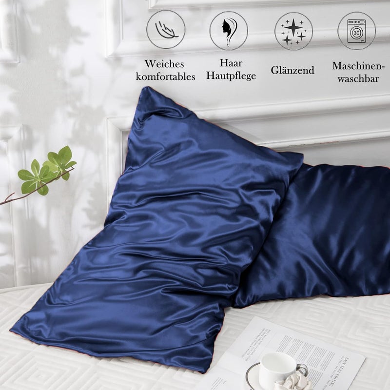 Vielit Set of 2 Satin Pillowcases, Similar Soft as Silk Pillow Case, 50 x 80 cm, Easier to Care for Silk Pillowcases for Hair and Skin, Envelope Closure & Scrunchies, Navy - Image 5