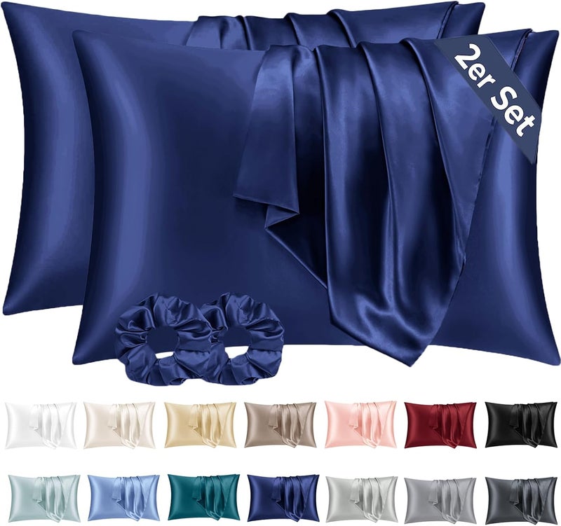 Vielit Set of 2 Satin Pillowcases, Similar Soft as Silk Pillow Case, 50 x 80 cm, Easier to Care for Silk Pillowcases for Hair and Skin, Envelope Closure & Scrunchies, Navy - Image 1