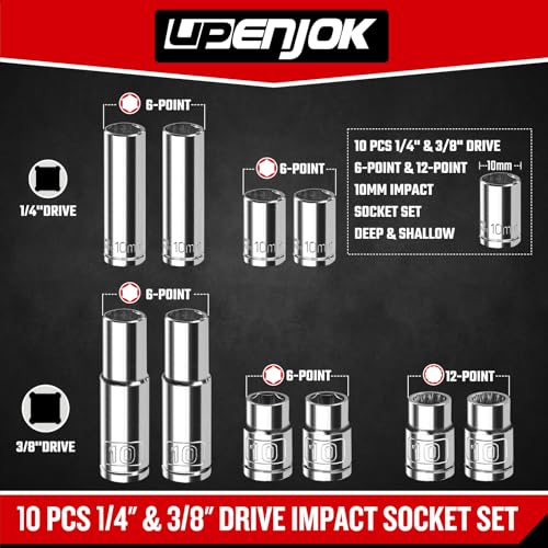 Upenjok 10 Piece 14 38 Drive 10mm Socket Set Deep Shallow Mirror Finish 6 Point 12 Point CrV Steel - Image 3