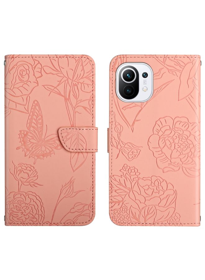 Case Cover For Xiaomi Mi 11 Skin Feel Butterfly Peony Embossed Leather Phone Case Pink