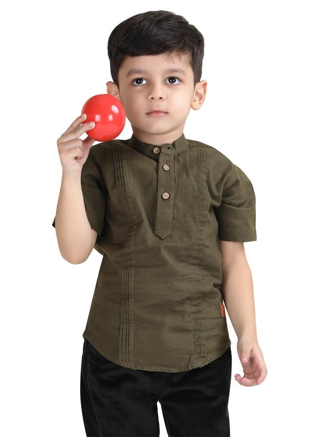 POLKA TOTS Traditional Ethnic Wear for Kids, Cotton Woven Soild with Half Sleeves Single Cotton Kurta for Boys - Green - 12-18 M - Image 1