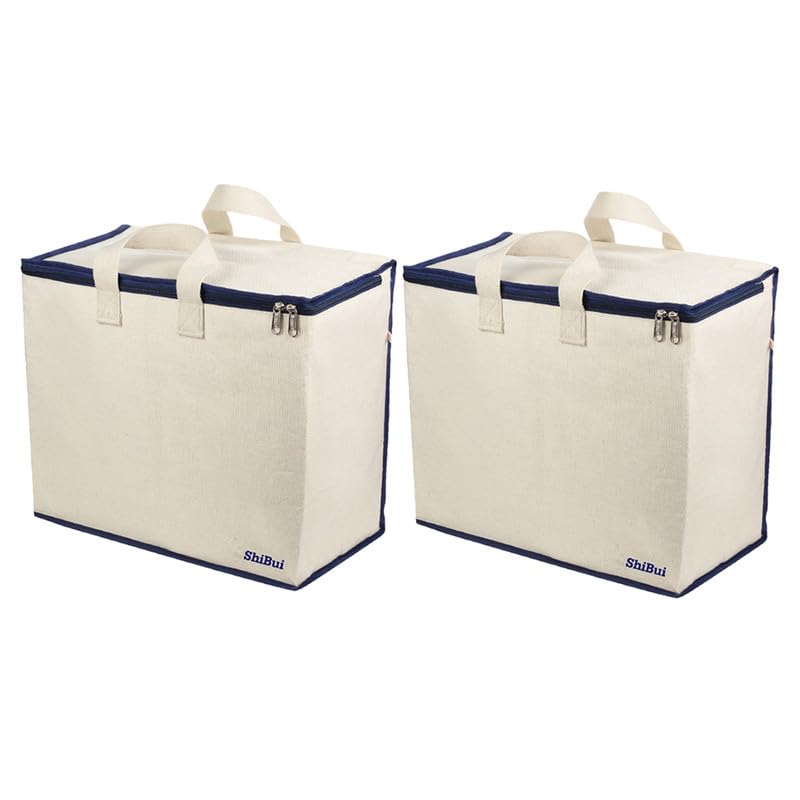 SHIBUI Canvas Reinforced Cotton Handles with Multipurpose Clothes Storage Organizer & Grocery vegetable shopping and Covers Zip Bags. (Navy, Pack of 2) - Image 1