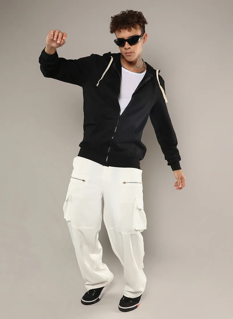 كامبوس سوترا Men's Black Zip-Front Hoodie With Contrast Drawstring
