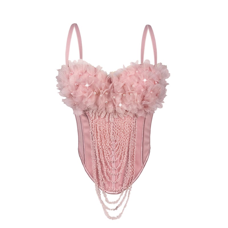 Women's Backless Corset Top with Floral Tassel Design - Image 1