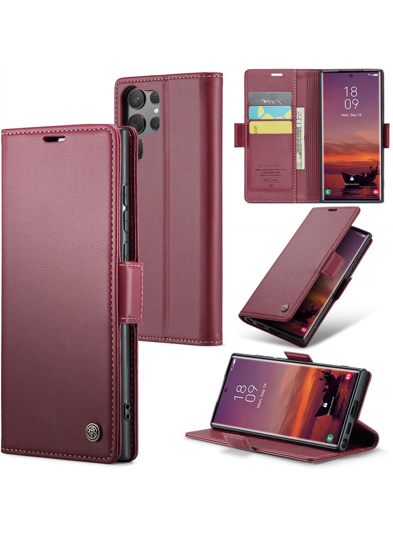 CaseMe Phone Case Luxury PU Leather Design Anti Fingerprint 023 Flip Cover Card Slot Holder Cover For Samsung Galaxy S25 Ultra  (Red) - Image 1