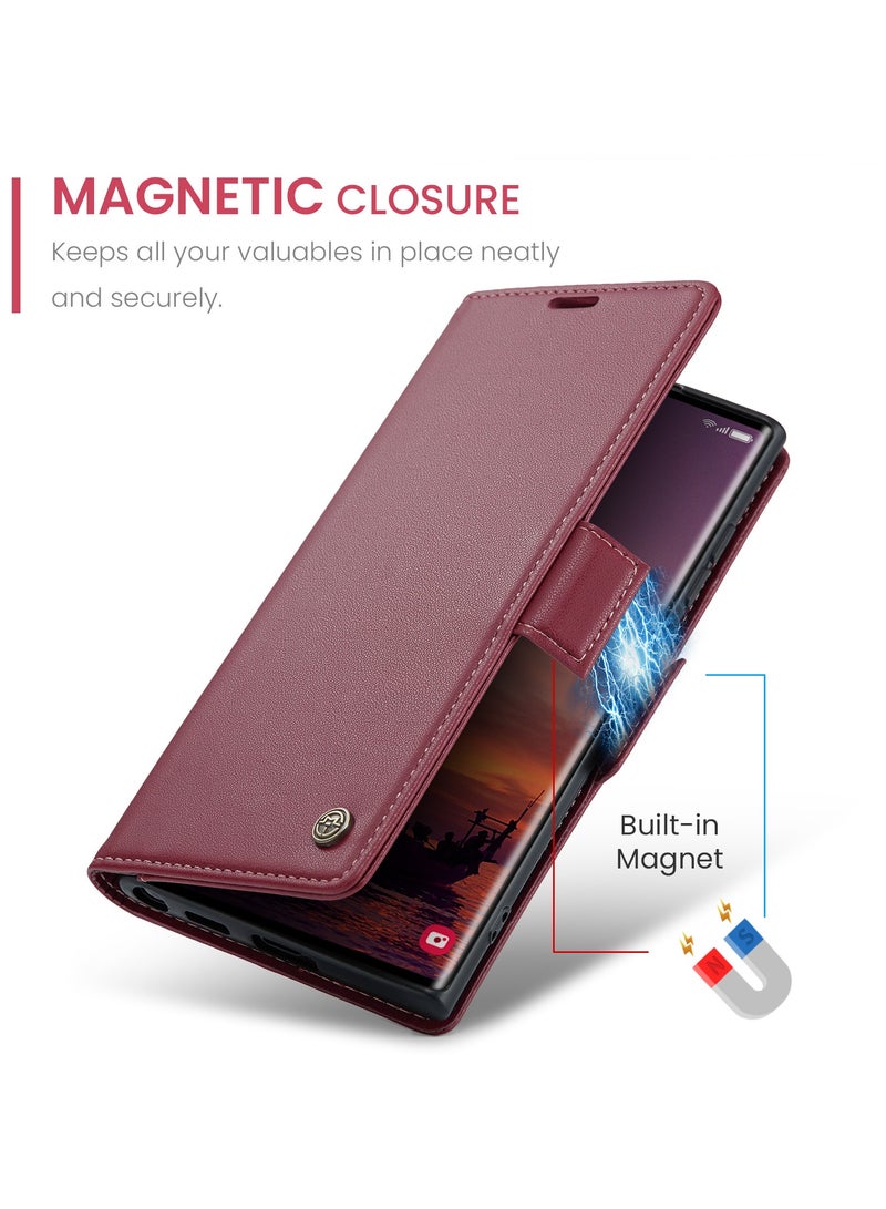 CaseMe Phone Case Luxury PU Leather Design Anti Fingerprint 023 Flip Cover Card Slot Holder Cover For Samsung Galaxy S25 Ultra  (Red) - Image 3