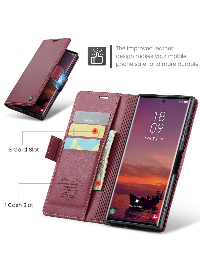 CaseMe Phone Case Luxury PU Leather Design Anti Fingerprint 023 Flip Cover Card Slot Holder Cover For Samsung Galaxy S25 Ultra  (Red) - Image 4