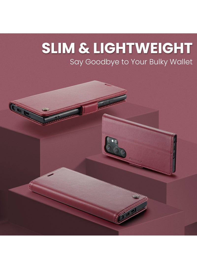 CaseMe Phone Case Luxury PU Leather Design Anti Fingerprint 023 Flip Cover Card Slot Holder Cover For Samsung Galaxy S25 Ultra  (Red) - Image 5