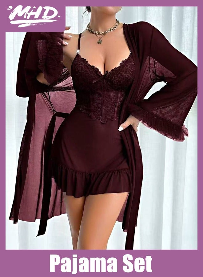 MHD 2pcs Set: Fishbone Style Cinch Waist Lace Cami Nightgown & Wide Sleeve Mesh Robe