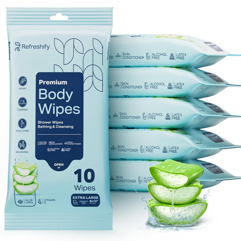 REFRESHIFY 60 XL Shower Wipes â€“ Body Wipes for Adults Bathing No Rinse â€“ 6 Packs of 10 â€“ Extra Moist Bath with Aloe & Vitamin E for Camping, Travel, Gym & Bedridden Care - Image 1