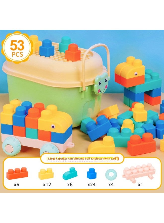 Children's Soft Rubber Building Blocks Maternal And Infant Puzzle And Brain Toys Large Particle Varied Assembled Building Blocks Baby Men And Women DIY-Color:Large Particles Can Bite 53 Pieces (with Car) + Small Frog Storage Bucket  - Image 1