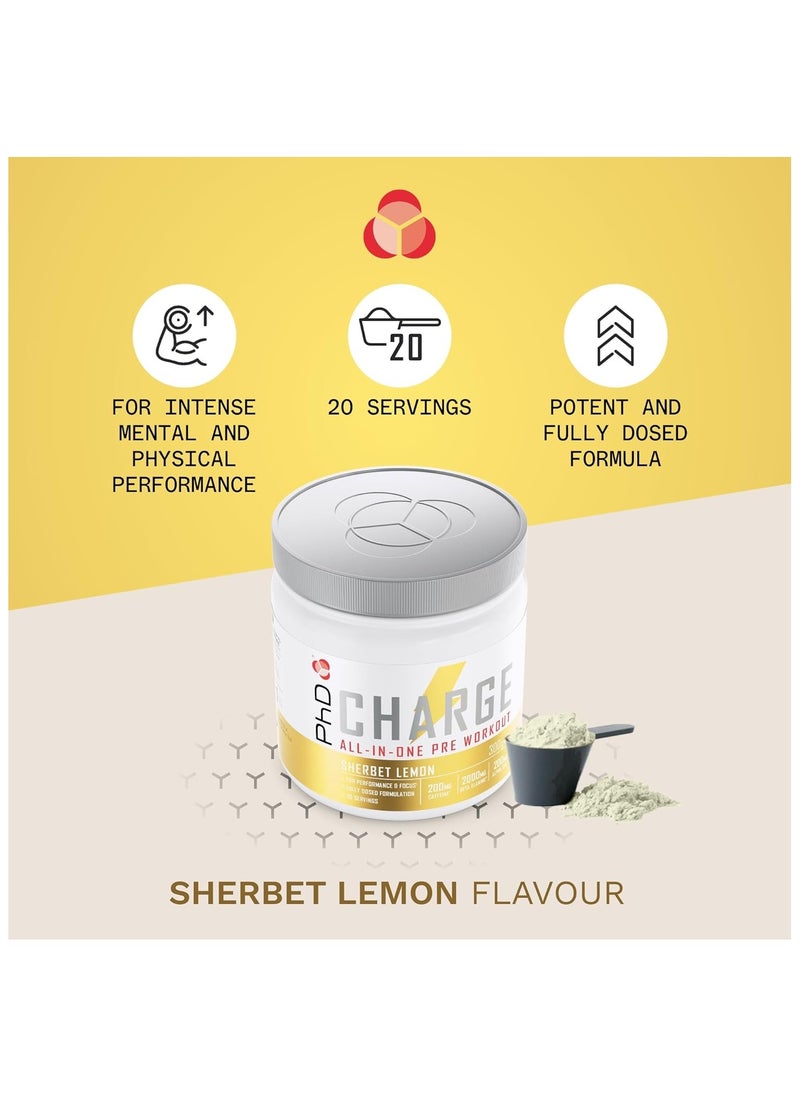 PhD Charge All in 1 Pre-Workout لتحسين الأداء والتركيز وتركيبة كاملة الجرعة، 20 وجبة - 200 ملغ من الكافيين، و2000 ملغ من بيتا ألانين، و3000 ملغ من الكرياتين، شربات الليمون 300 جرام  - Image 3