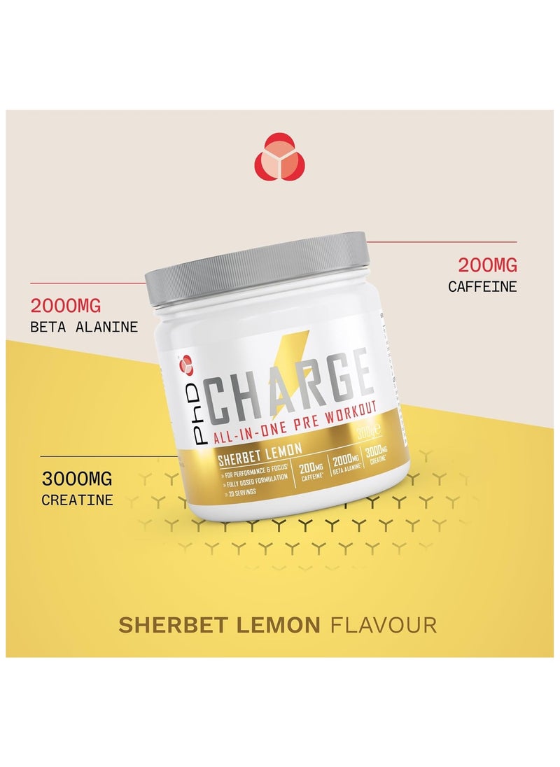 PhD Charge All in 1 Pre-Workout لتحسين الأداء والتركيز وتركيبة كاملة الجرعة، 20 وجبة - 200 ملغ من الكافيين، و2000 ملغ من بيتا ألانين، و3000 ملغ من الكرياتين، شربات الليمون 300 جرام  - Image 5