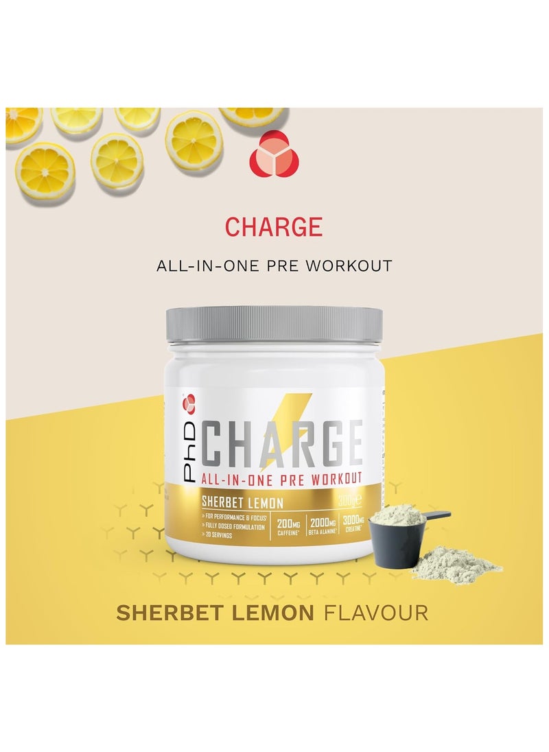 PhD Charge All in 1 Pre-Workout لتحسين الأداء والتركيز وتركيبة كاملة الجرعة، 20 وجبة - 200 ملغ من الكافيين، و2000 ملغ من بيتا ألانين، و3000 ملغ من الكرياتين، شربات الليمون 300 جرام  - Image 4