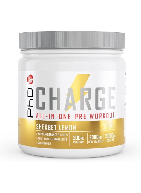 Charge All in 1 Pre-Workout لتحسين الأداء والتركيز وتركيبة كاملة الجرعة، 20 وجبة - 200 ملغ من الكافيين، و2000 ملغ من بيتا ألانين، و3000 ملغ من الكرياتين، شربات الليمون 300 جرام