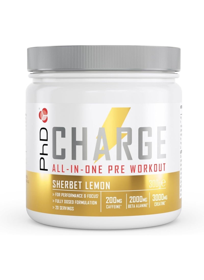 PhD Charge All in 1 Pre-Workout لتحسين الأداء والتركيز وتركيبة كاملة الجرعة، 20 وجبة - 200 ملغ من الكافيين، و2000 ملغ من بيتا ألانين، و3000 ملغ من الكرياتين، شربات الليمون 300 جرام  - Image 1