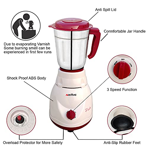 ACTIVA Pluto 2 Jar 500 Watts Mixer Grinder (18 MM) Heavy Duty Motor Grinder (ABS Body) Comes With 3 Year Warranty,Red - Image 3