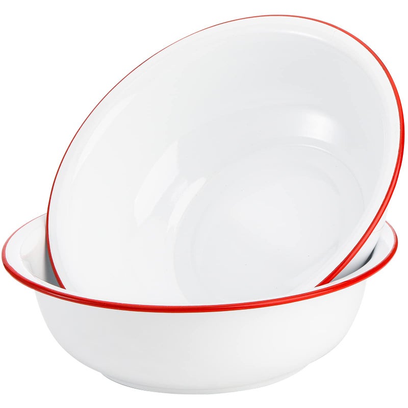 Elsjoy Set of 2 Enamel Bowl, 3 Quart Large Enamel Mixing Bowl White Enamelware with Red Rim, 11 Inch Vintage Enamel Soup Basin for Fruit, Salad, Pasta, Dinner - Image 3