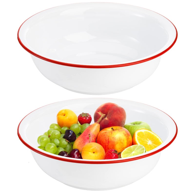 Elsjoy Set of 2 Enamel Bowl, 3 Quart Large Enamel Mixing Bowl White Enamelware with Red Rim, 11 Inch Vintage Enamel Soup Basin for Fruit, Salad, Pasta, Dinner - Image 1