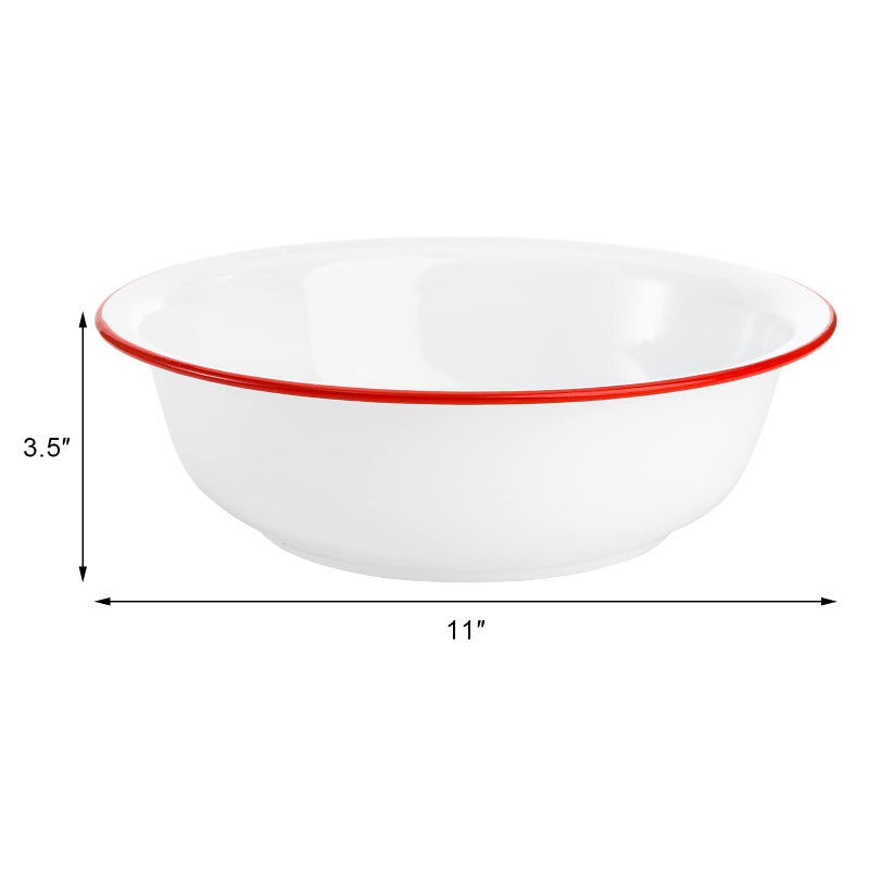 Elsjoy Set of 2 Enamel Bowl, 3 Quart Large Enamel Mixing Bowl White Enamelware with Red Rim, 11 Inch Vintage Enamel Soup Basin for Fruit, Salad, Pasta, Dinner - Image 2