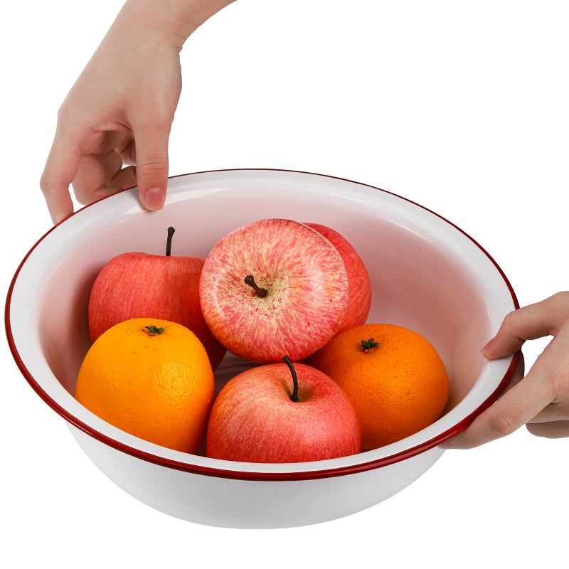 Elsjoy Set of 2 Enamel Bowl, 3 Quart Large Enamel Mixing Bowl White Enamelware with Red Rim, 11 Inch Vintage Enamel Soup Basin for Fruit, Salad, Pasta, Dinner - Image 5