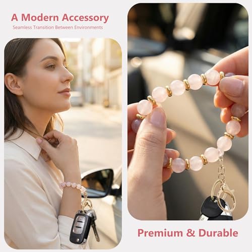 M-Plateau Natural Gemstone Keychain Wristlet Bracelet, Handmade Crystal Beaded Key Ring for Women, Stretchy Car Key Holder Wrist Strap, Aesthetic Keychains Accessories with Gift Box (Natural Stone) - Image 4