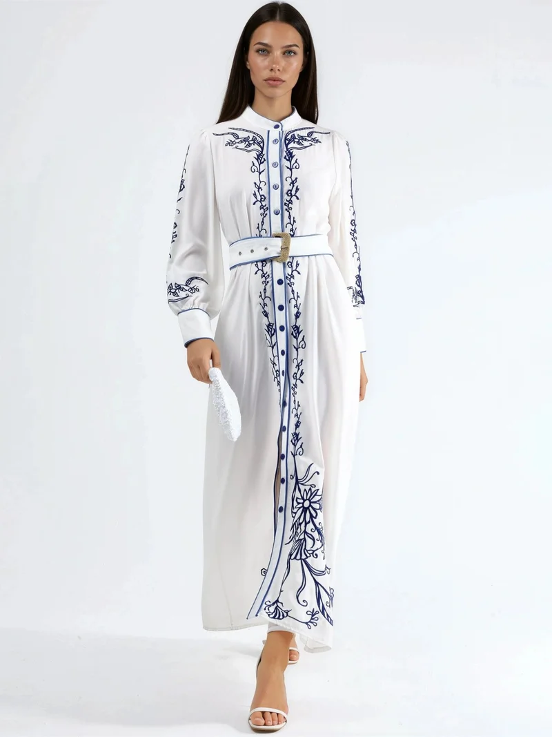 جينيفر Floral Belted Midi Shirt Dress