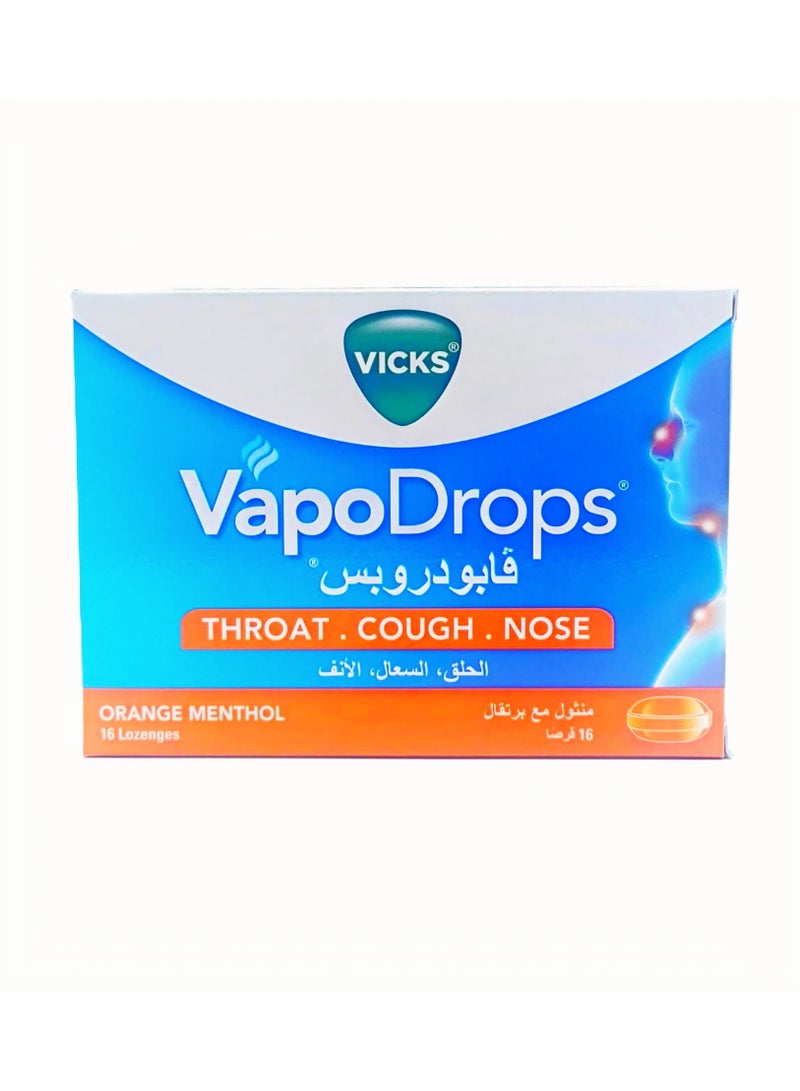 Vicks VapoDrops Throat . Cough . Nose , Orange Menthol 16 Lozenges - Image 1