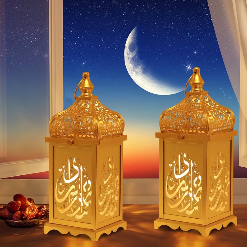 NEEDOMO Set of 2 Ramadan Decorations,14" LED Ramadan Lantern, Ramadan Decorations for Home, Vintage Gold Metal Candle Lantern with Lights, Remadan Decor for Table, Wall, Indoor Outdoor - Image 3