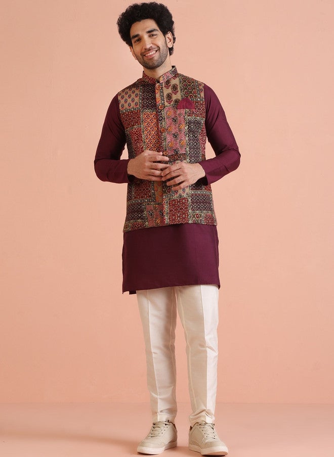 KISAH Maroon Printed Woven Nehru Jacket - Image 5