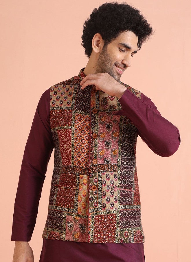 KISAH Maroon Printed Woven Nehru Jacket - Image 1