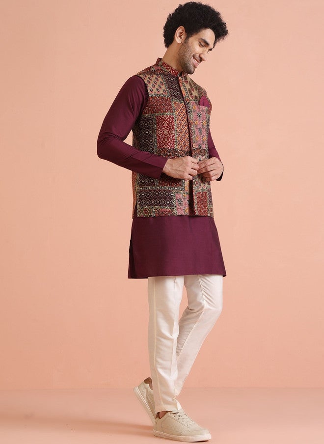 KISAH Maroon Printed Woven Nehru Jacket - Image 2