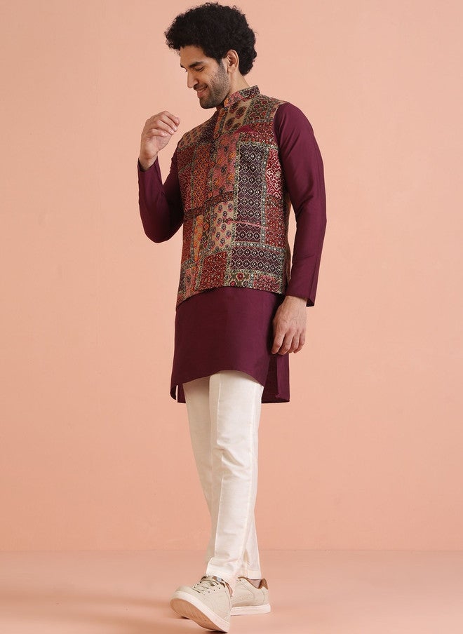 KISAH Maroon Printed Woven Nehru Jacket - Image 4