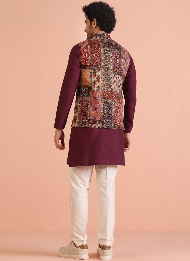 KISAH Maroon Printed Woven Nehru Jacket - Image 3