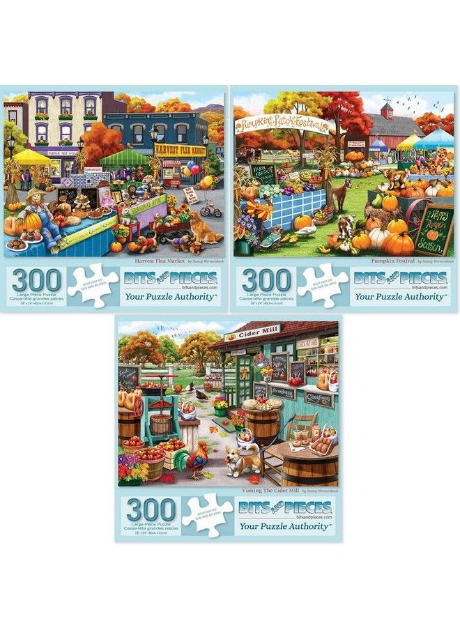 Bits and Pieces Value Set Of Three (3) 300 Piece Jigsaw Puzzles For Adults Puzzles Measure 18"X24" 300 Pc Harvest Flea Market Pumpkin Festival Visiting The Cider Mill Artist Nancy Wernersbach  - Image 1