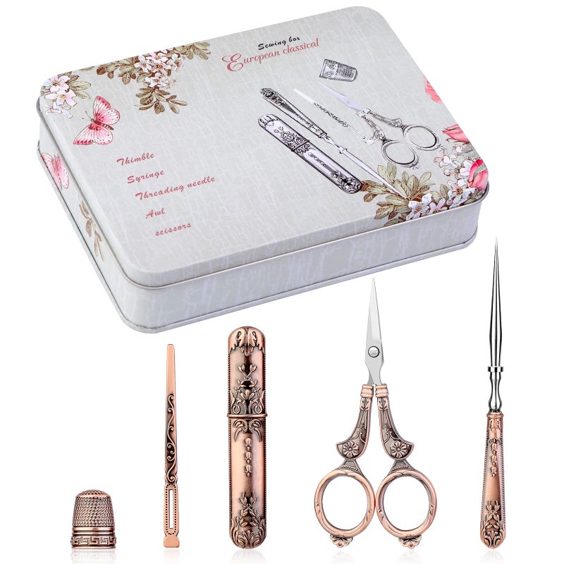 BUTUZE Embroidery Scissors Kit European Antique Vintage Sewing Kit Complete Vintage Sewing Tools with Embroidery ScissorsOriginal CaseSewing Needle Case Awl for Sewing Craft Needlework