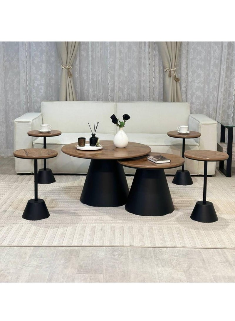 UNIKSAR 6-Piece Nesting Coffee & Side Table Set – Solid Wood Tops & Champagne Metal Base – Modern Majlis & Living Room Furniture – Compact & Elegant Decor - Image 1