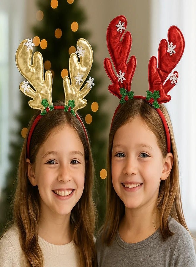 CORAL TREE Christmas Reindeer Antler Headband – Gold & Red (Set of 2) | Festive Party Hairband for Kids & Adults | Christmas Costume Accessory for Celebrations & Photoshoots - Image 2