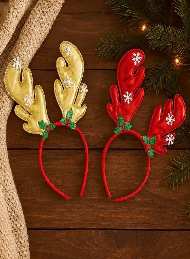 CORAL TREE Christmas Reindeer Antler Headband – Gold & Red (Set of 2) | Festive Party Hairband for Kids & Adults | Christmas Costume Accessory for Celebrations & Photoshoots - Image 1