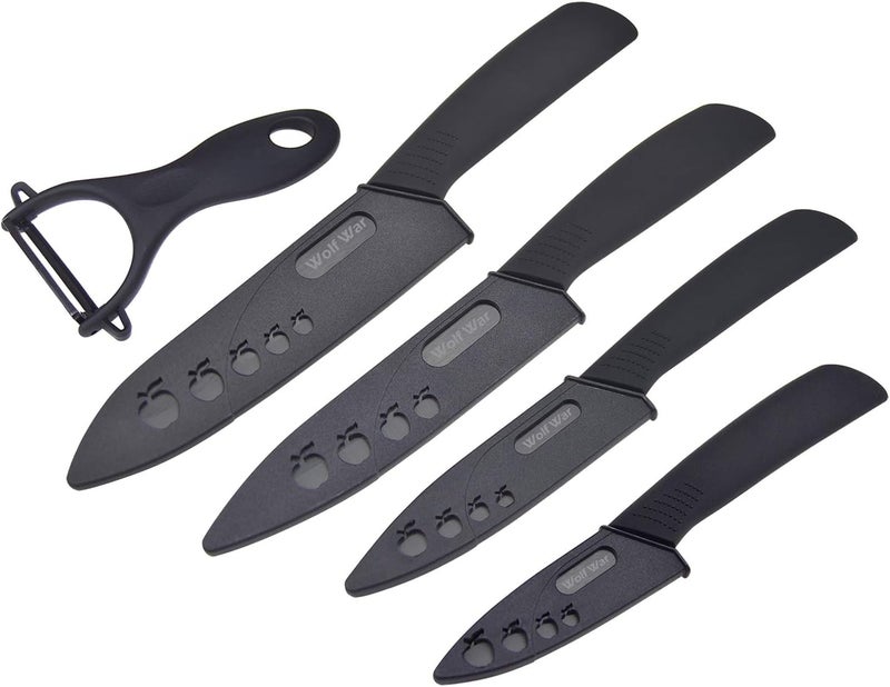 Wolf War Professional Kitchen Ceramic Knife Set With Sheaths, Super Sharp Rust Proof Stain Resistant (6" Chef Knife, 5" Utility Knife, 4" Fruit Knife, 3" Paring Knife, One Peeler) - Image 1