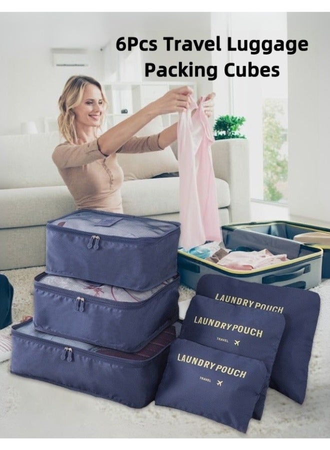6 Pcs Travel Organizer Storage Bags Suitcase Packing Cubes Cases Portable Wardrobe Luggage Clothes Shoe Pouch Fold (Navy Blue) - Image 1