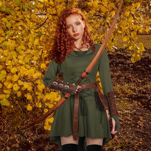 Suhine 5 Pcs Renaissance Women Costume Medieval Hooded Robe Vintage Faux Leather Arm Pouch Belt for Cosplay Party(Large,Dark Green) - Image 4