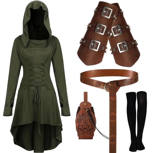 Suhine 5 Pcs Renaissance Women Costume Medieval Hooded Robe Vintage Faux Leather Arm Pouch Belt for Cosplay Party(Large,Dark Green) - Image 1