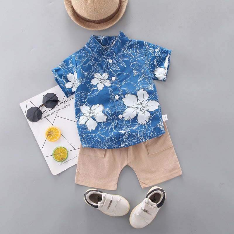 Boys Summer Collared Shirt  Shorts Set Blue  - Image 1