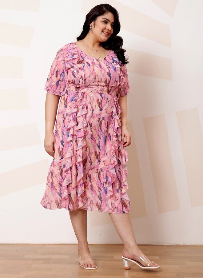 Athena Floral Print Ruffled Georgette A-Line Midi Dress for Women - Image 3