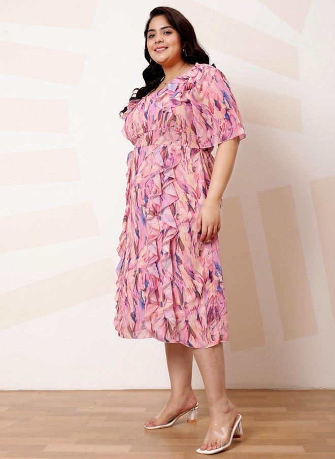 Athena Floral Print Ruffled Georgette A-Line Midi Dress for Women - Image 4